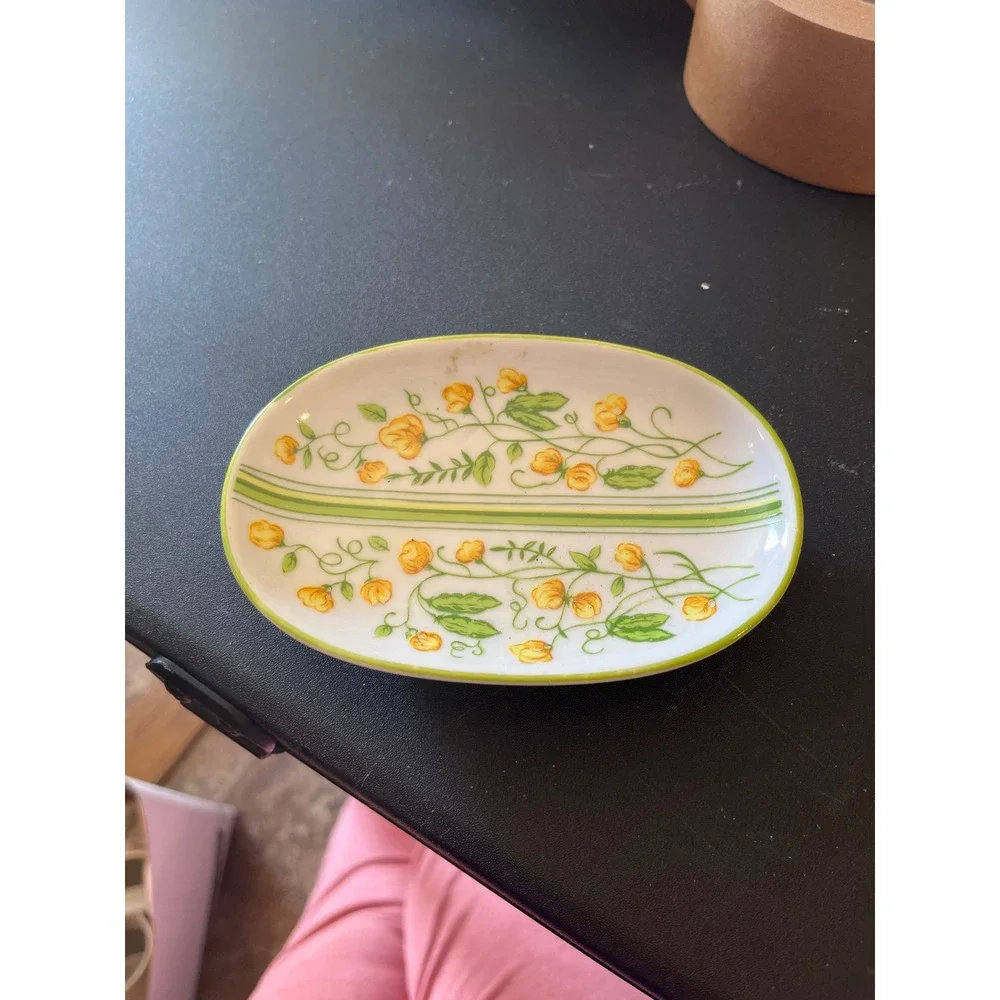 Vintage Floral Ceramic Trinket Dish Oval Yellow Flower Ashtray‎ 4.5in